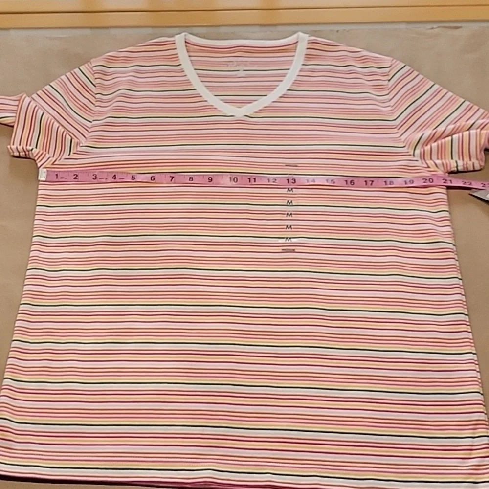Kim Rogers Size M Multi Color Stripe V Neck Short Sleeve T Shirt, NEW with Tags
